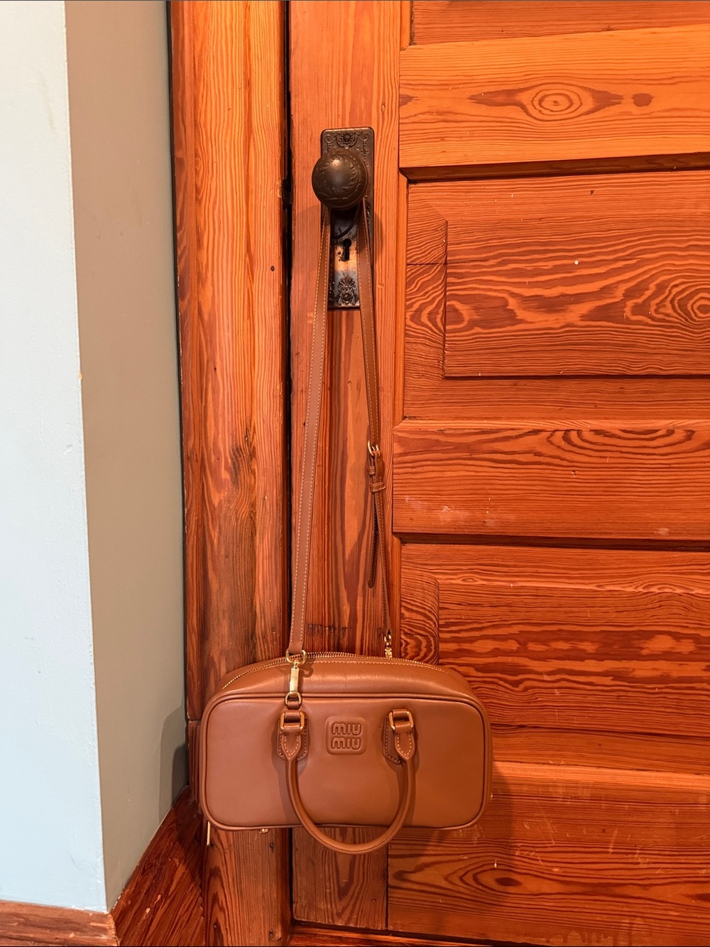 Miu Miu Tan Leather Camera Bag with Gold Hardware